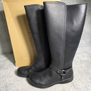 Clarks Cheyn Lindie Black Leather Tall Low Heel Riding Boots Women's 6M NEW
